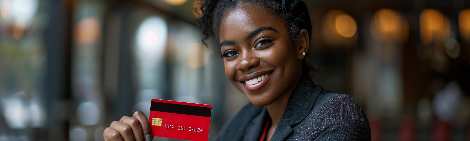 Black woman holding a red Payment card
