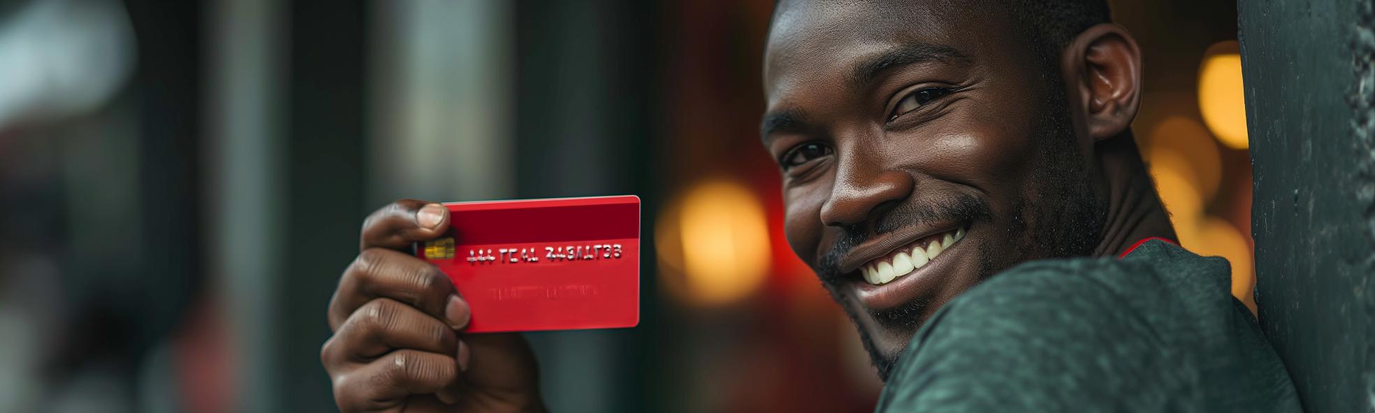 Black man holding a red Payment card