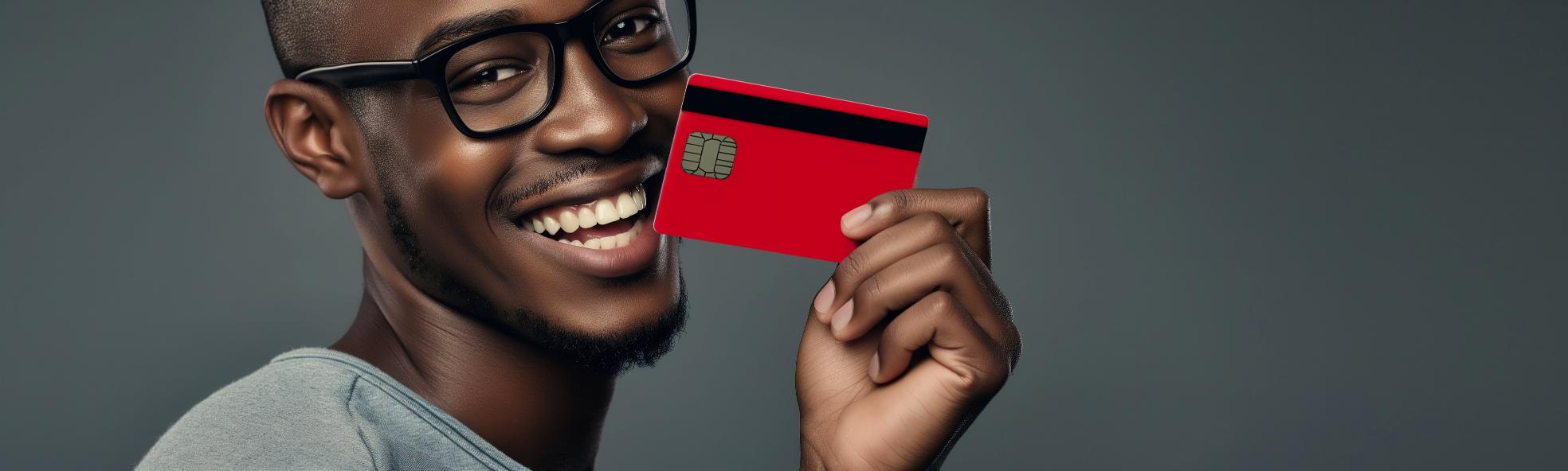 Black man holding a red Payment card