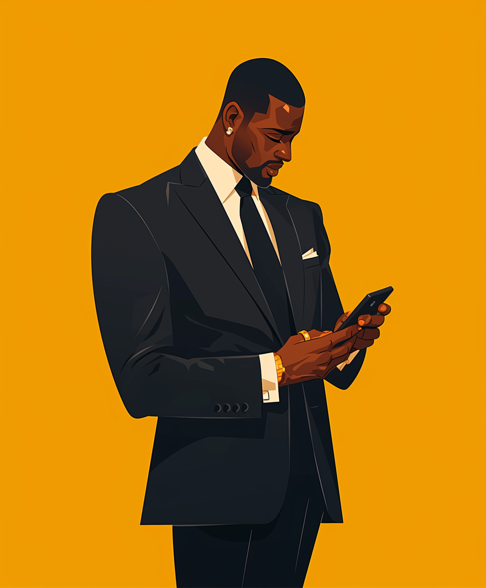 An illustration of a well-dressed businessman wearing a suit and tie, looking down at a smartphone or mobile device he is holding in his hands.