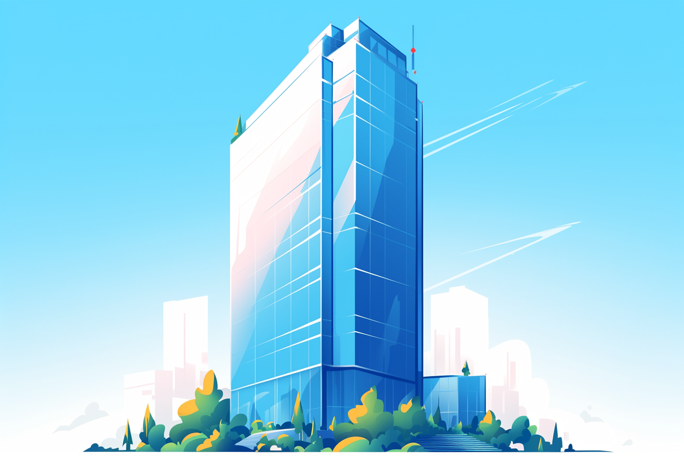 An illustration of a modern high-rise office building or corporate headquarters, with a blue glass exterior and a green logo or flag on top, surrounded by smaller buildings and landscaping in the foreground.