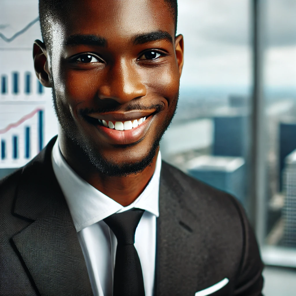 DALL·E 2024 07 01 18.27.09 A close up image of a smiling African investor. The individual should be dressed in professional business attire such as a suit and tie and appear c