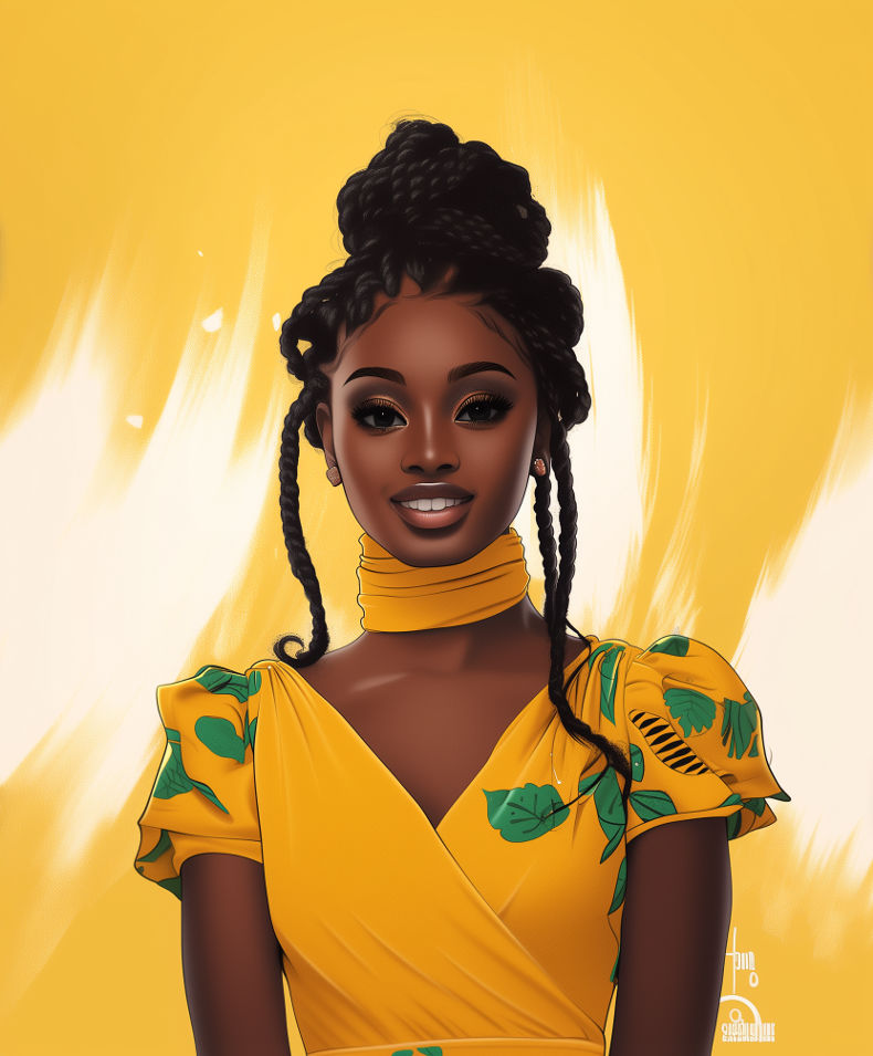 A digital portrait of a woman wearing a yellow dress with green leaf patterns, her hair styled in an elegant updo with braids. The background is a vibrant yellow, emphasizing her warm smile and confident demeanor. This image is associated with Naya, an AI chatbot.