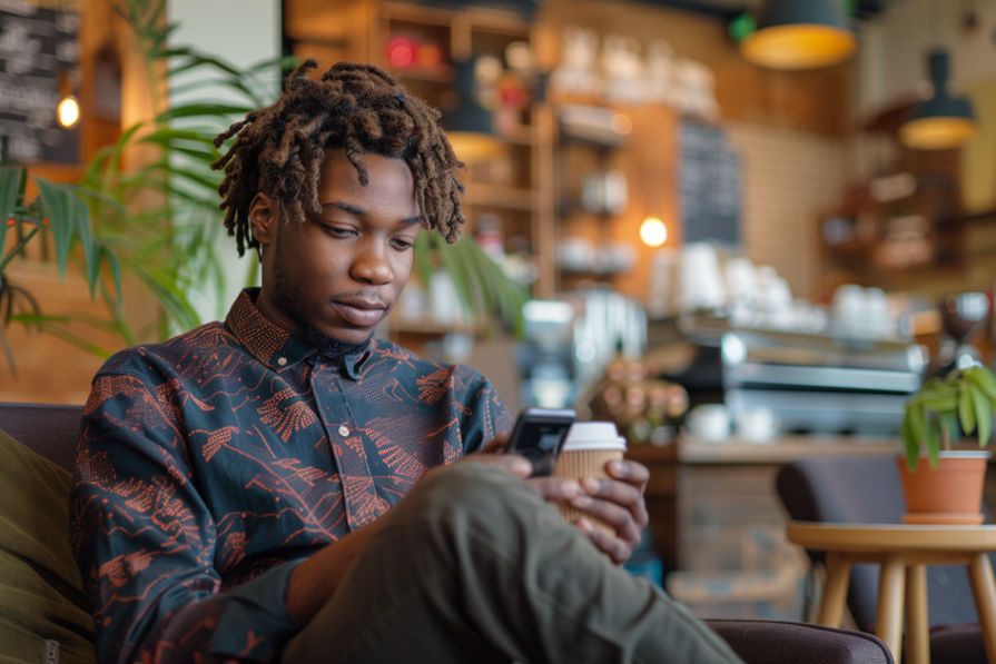 A young man with dreadlocks sits in a cozy cafe, holding a coffee cup and looking at his smartphone. The background features a warm, inviting interior with plants and soft lighting. This image is connected to Naya, an AI chatbot.