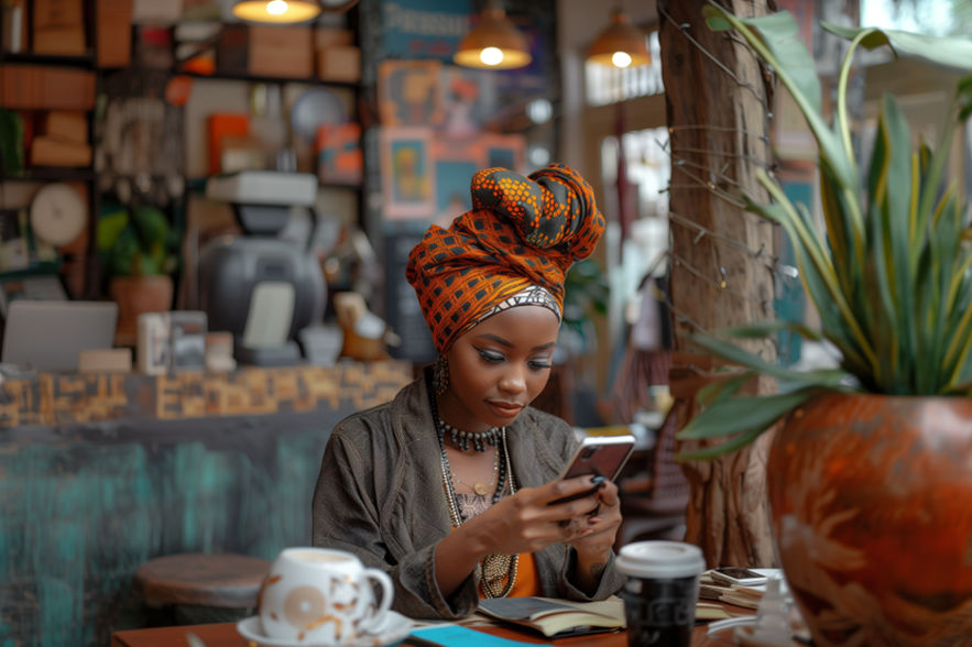 A woman in colorful traditional headwrap sits at a café table, using a smartphone. She wears layered necklaces and a gray cardigan. The background shows a cozy, eclectic café interior with plants, artwork, and warm lighting. The scene suggests Naya -AI chatbot could be enhancing her digital experience.