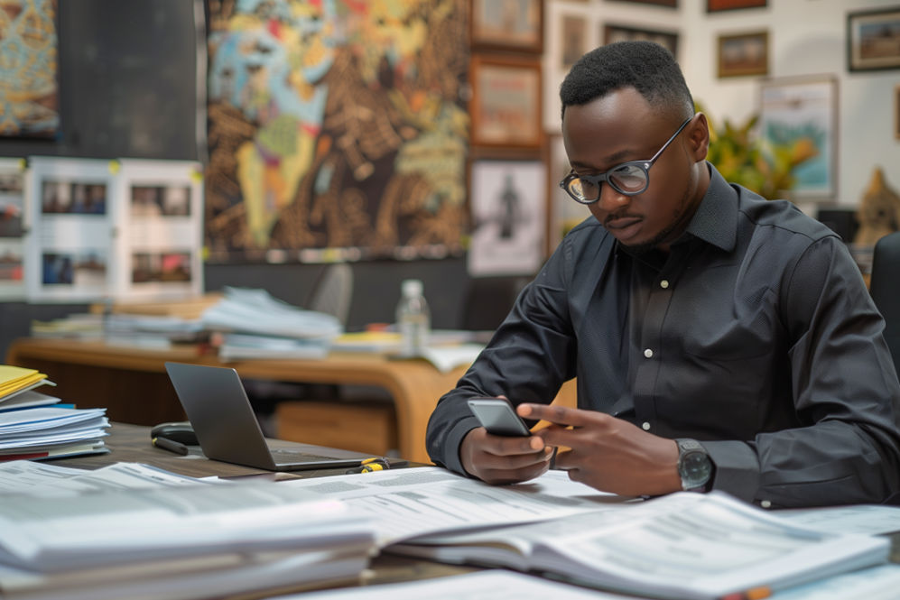 A man in a black shirt and glasses is seated at a desk cluttered with papers and a laptop, focused on his smartphone. The background shows a busy office environment with maps and art on the walls. This image is linked to Naya, an AI chatbot.