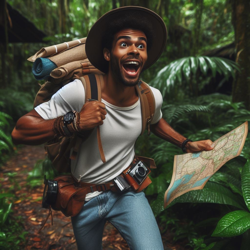 #Sterlinghunt man running in a forest excitedly with a map in hand, gadgets on his belt, wearing a hat and backpack