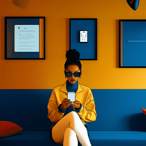 Image of woman sitting in art gallery using her phone to chat with naya