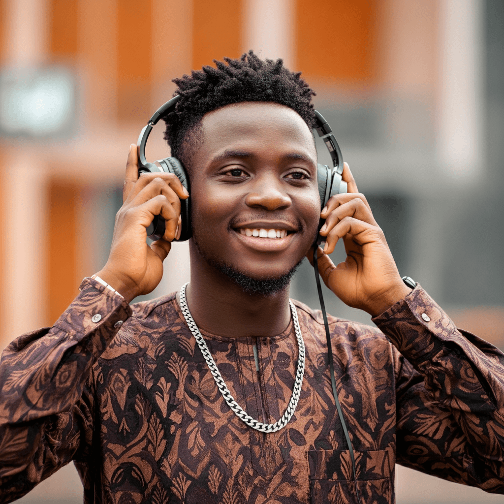 A young African man smiling and enjoying music while wearing headphones.