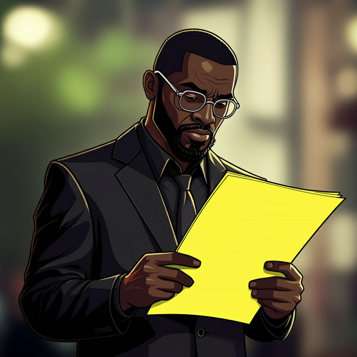 an illustration of a man wearing a black suit, black shirt, and tie, holding a yellow sheet of paper. He has a serious, focused expression and is wearing glasses, giving the impression that he is carefully reviewing or reading important information. The background is softly blurred, placing emphasis on the subject.