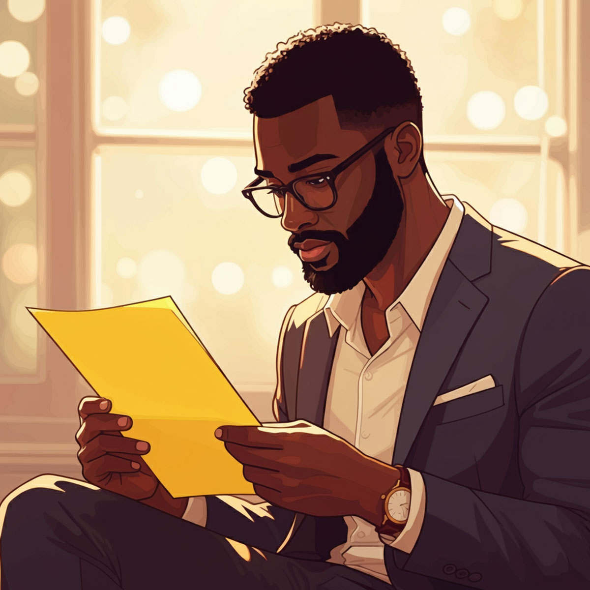 an illustration of a well-dressed man in a blue suit and white shirt, sitting and attentively reading a yellow sheet of paper. He has a neatly groomed beard, wears glasses, and appears thoughtful and focused. A wristwatch is visible on his left hand. The background is softly lit, with warm, glowing bokeh lights, giving the scene a calm, reflective atmosphere.