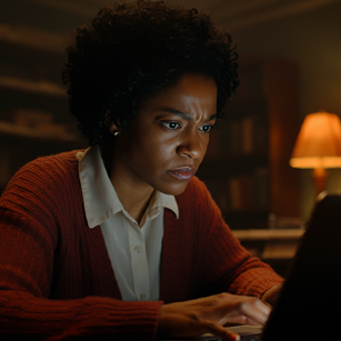 A woman seated and focused on her laptop screen.