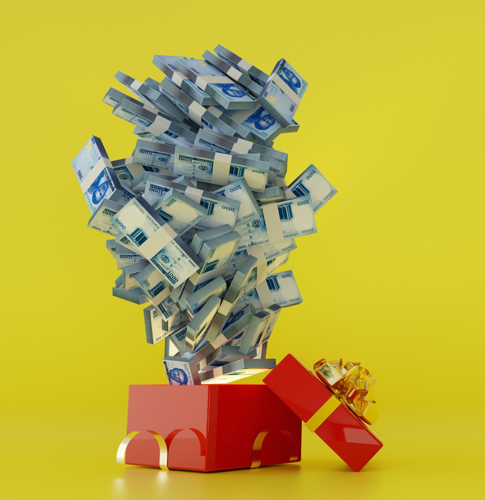 The image depicts a vibrant and creative concept of financial abundance. A red gift box with a shiny golden ribbon and bow is shown partially open against a bright yellow background. Bursting out of the box are stacks of banknotes, arranged dynamically to give the impression of an overflowing cascade of money. The composition radiates energy and excitement, symbolizing wealth, prosperity, or the joy of receiving a substantial gift. The bright yellow backdrop enhances the cheerful and optimistic tone, while the red and gold accents add a touch of luxury and festivity.