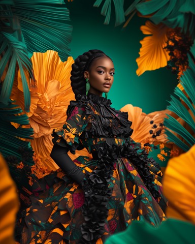 The image features a striking portrait of a woman exuding elegance and confidence. She is dressed in an elaborate gown with a bold mix of vibrant African-inspired patterns in shades of orange, green, black, and yellow. The dress is adorned with intricate ruffle and floral detailing, adding layers of texture and sophistication. Her hair is styled in a neatly braided updo, and she accessorizes with green statement earrings that complement the outfit. The background is a lush, artistic arrangement of oversized green and orange leaves, creating a dramatic and tropical atmosphere that amplifies the vibrancy of the composition. The lighting highlights her radiant complexion and the details of her attire, making her the focal point of this visually stunning image.