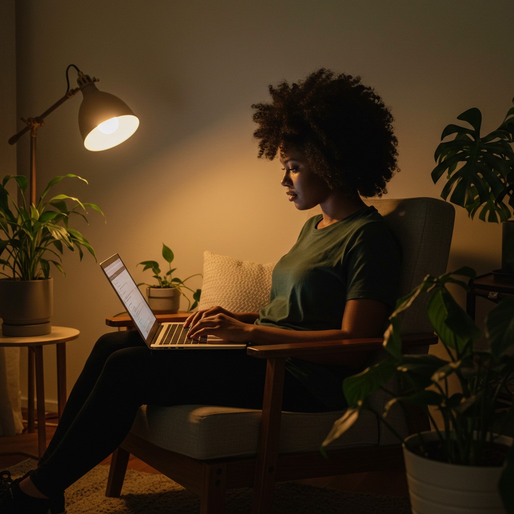 The image is a young woman working from her home, she is with curly hair sitting in a cozy armchair, working on a laptop in a dimly lit room. A warm desk lamp illuminates her focused expression, and the space is adorned with several green potted plants, creating a serene and productive atmosphere.