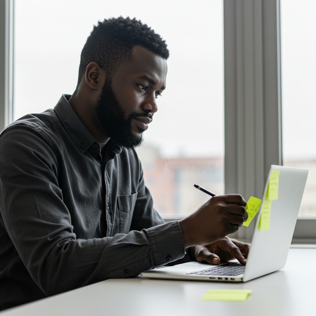 The Image shows a focused man with a beard is seated at a desk near a window, working on a laptop. He holds a pen and writes on a yellow sticky note attached to the laptop, with additional notes visible on the screen and desk. The scene suggests a productive and organized work environment.