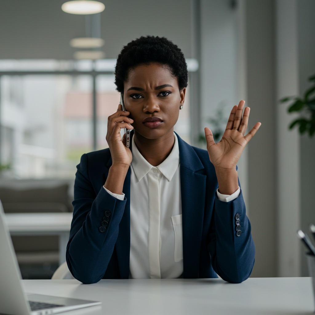 The image is a professional woman with a serious facial expression of a no, dressed in a navy blazer and white shirt, is seated at a desk with a laptop. She is holding a phone to her ear, raising her hand as if to interrupt or emphasize a point during a conversation. The office setting in the background is softly lit, suggesting a workplace environment.