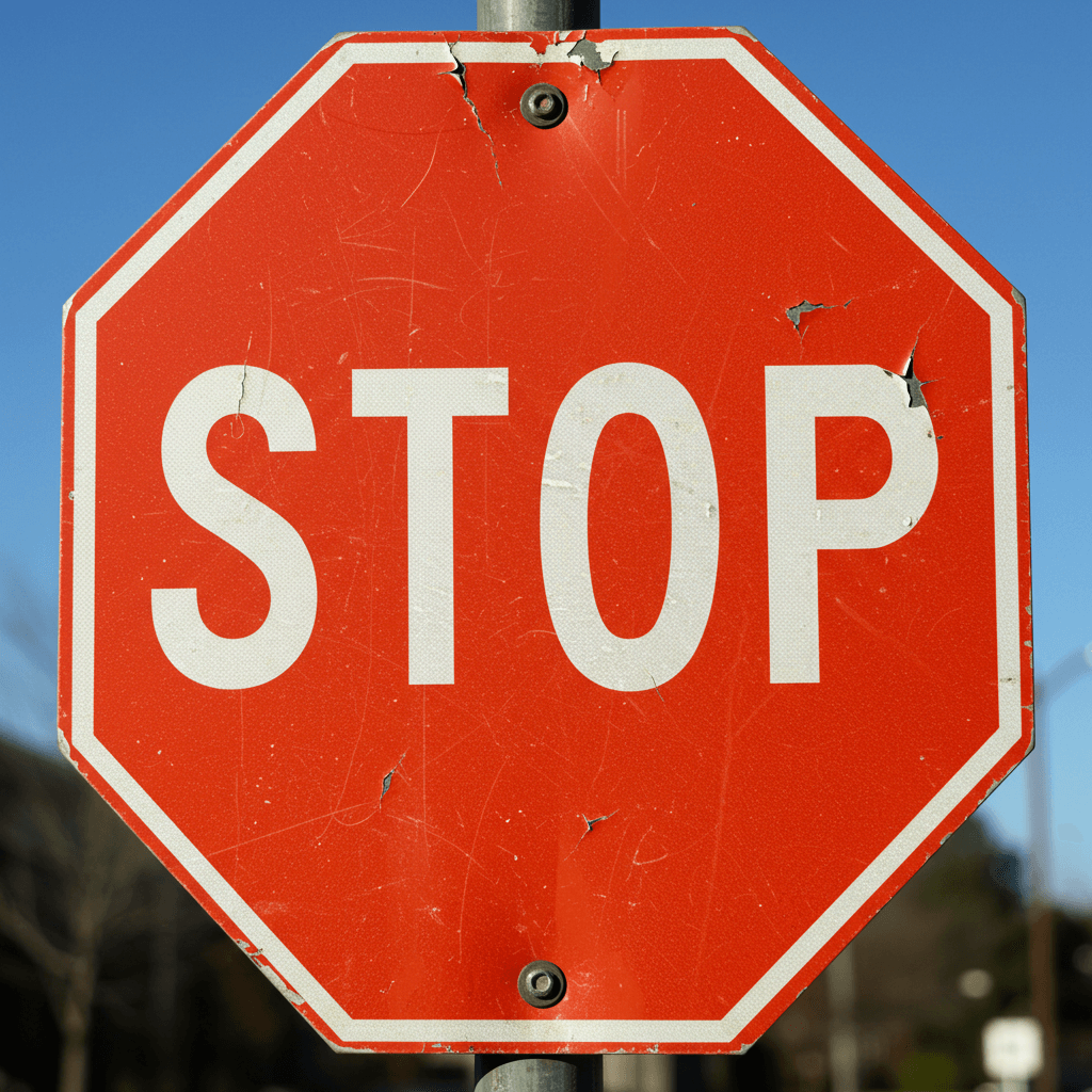 Close-up of a weathered red stop sign with white text against a clear blue sky.