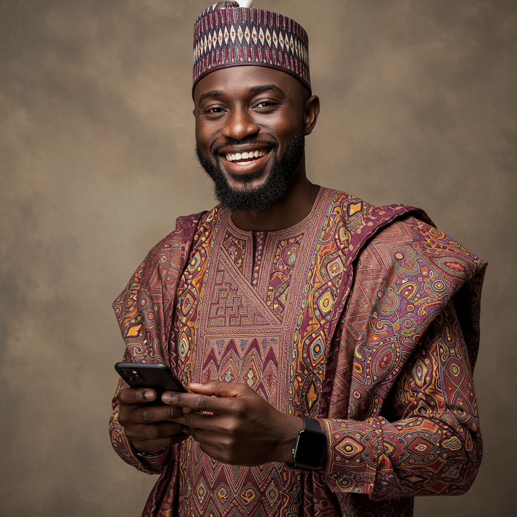 Smiling man wearing traditional Nigerian attire and a matching cap, holding a smartphone, standing against a warm studio backdrop.