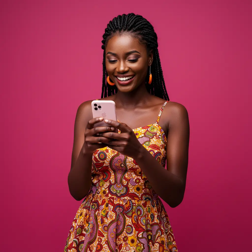 Smiling young woman in a colorful patterned dress holding a smartphone, standing against a vibrant pink background.