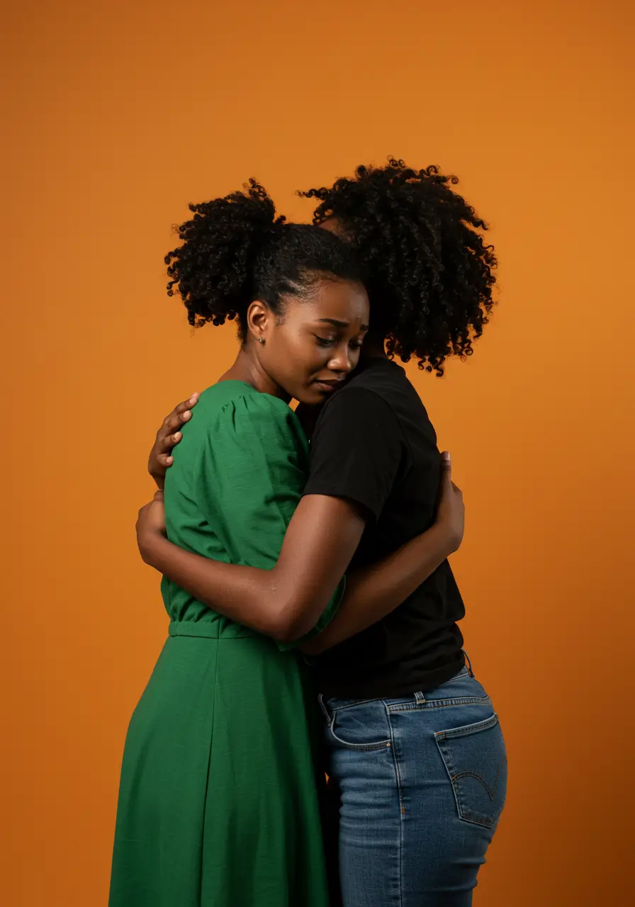 Two women embracing in a comforting hug, one wearing a green dress and the other in a black shirt with jeans, against an orange background