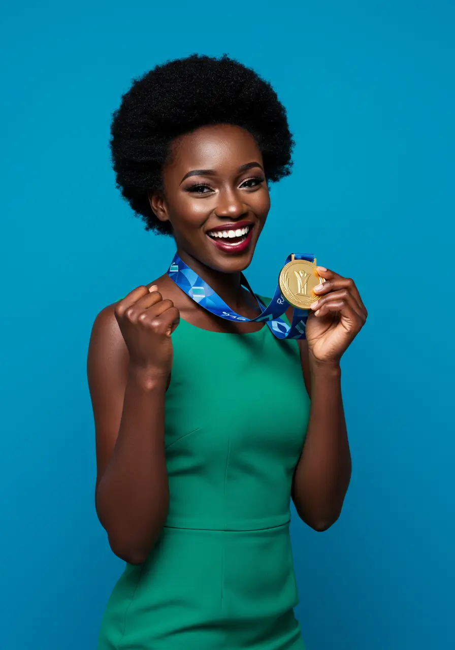 Smiling woman in a green dress holding up a gold medal on a blue ribbon against a bright blue background