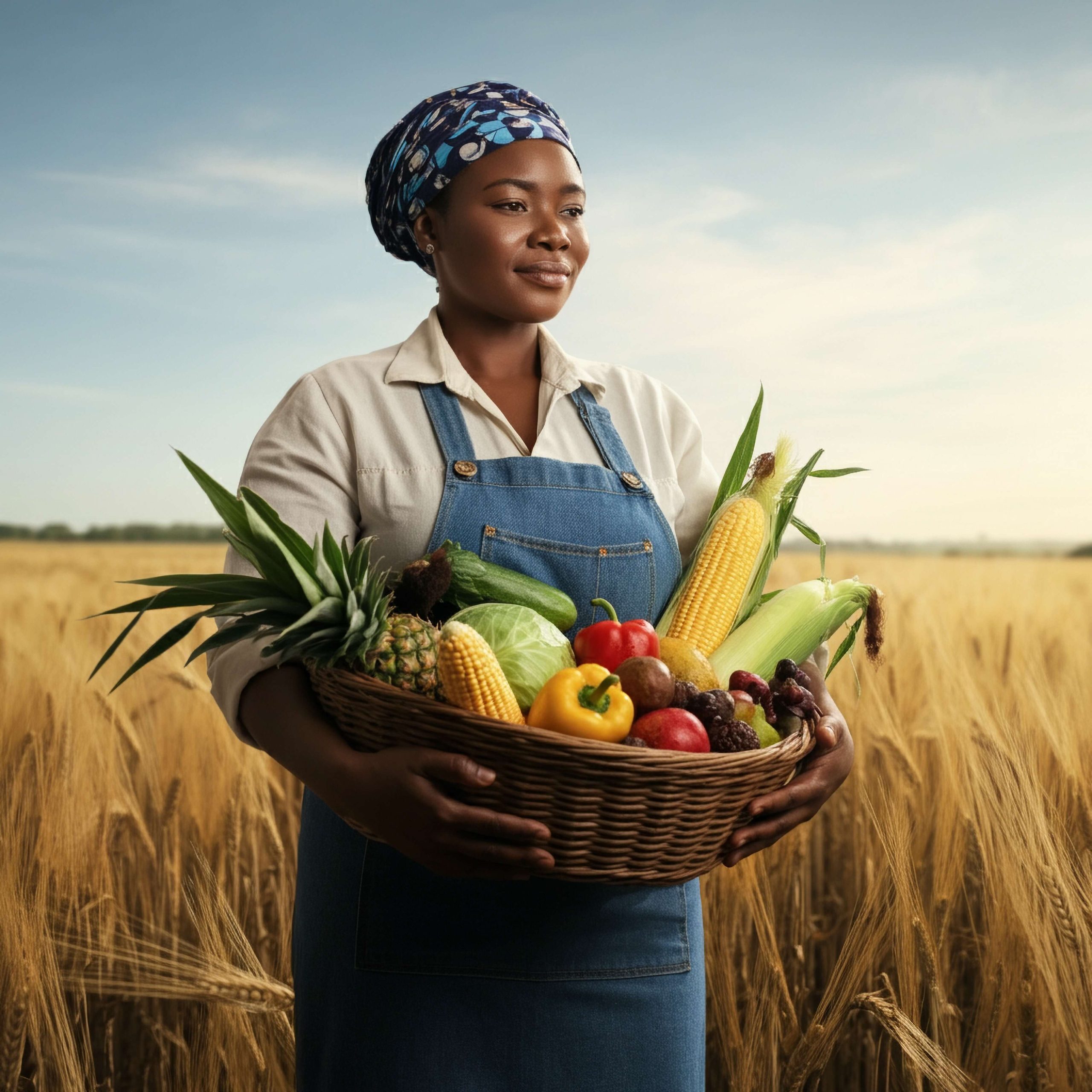 African woman farmer wearing a denim apron and patterned headscarf, standing in a golden field while holding a basket filled with fresh fruits and vegetables under natural daylight.