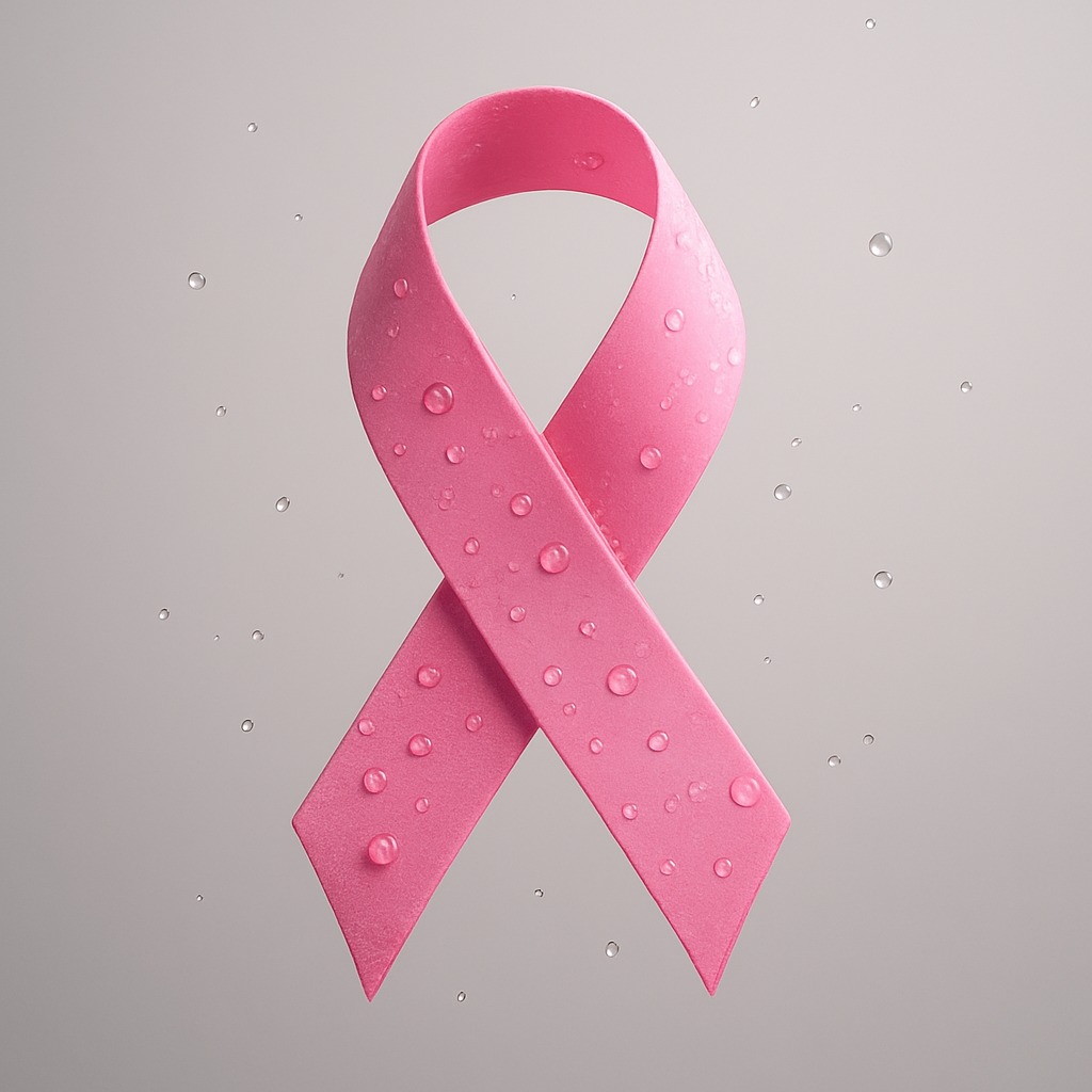 Pink awareness ribbon with water droplets on a light gray background, symbolizing breast cancer awareness