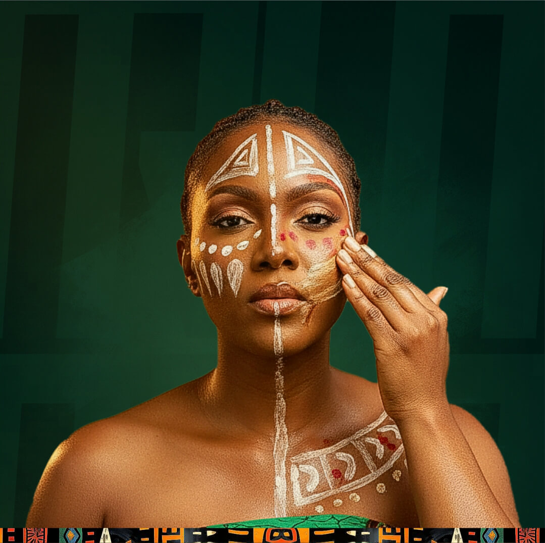 An image of a woman with traditional African body and face paint in white, red, and gold tones, gently touching her cheek while looking confidently at the camera, set against a dark green background.