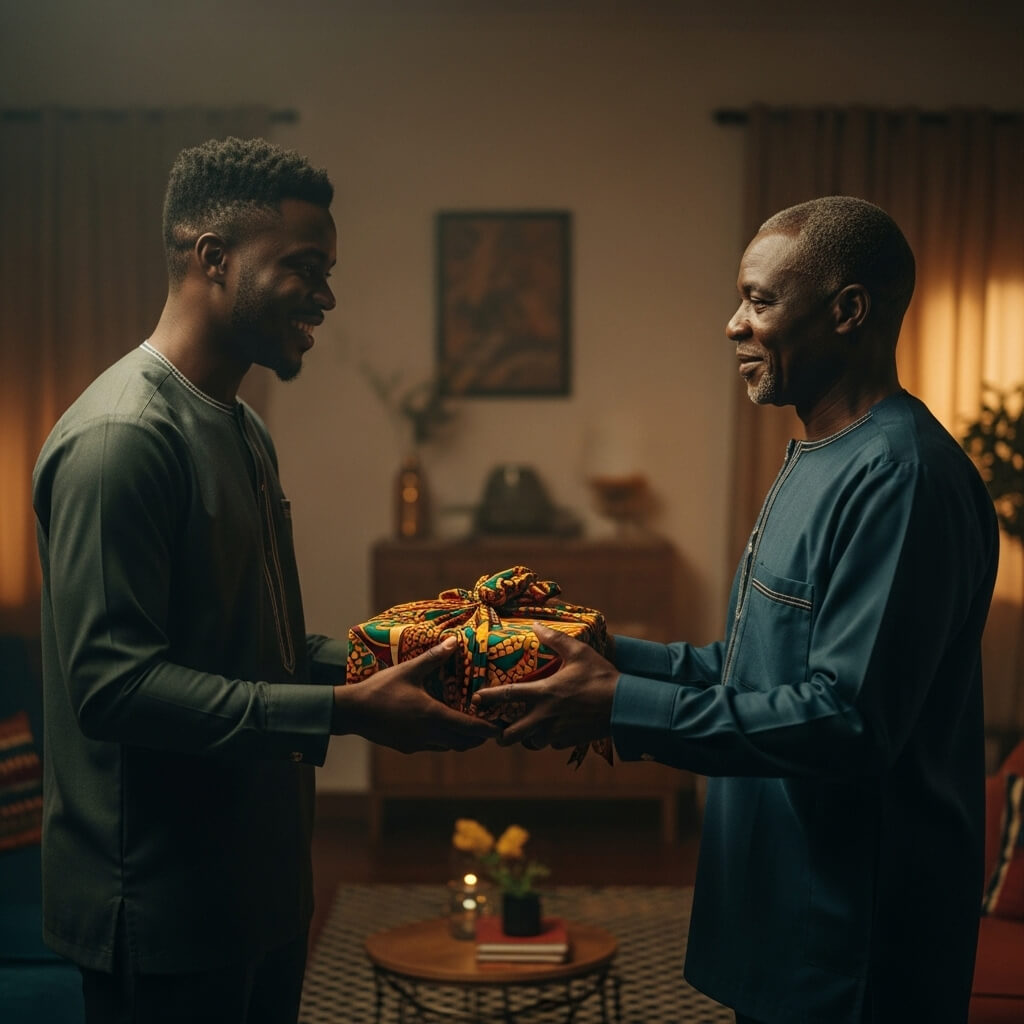 An image of a young man and an older man smiling warmly at each other indoors as the younger man presents a wrapped gift in vibrant African fabric to the older man. The room is softly lit, creating a cozy and heartfelt atmosphere.