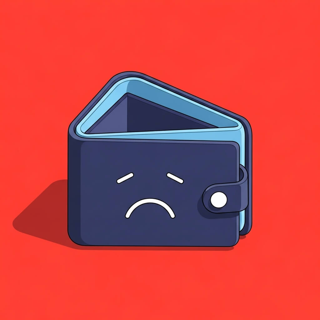The image is an Illustration of a dark blue wallet with a sad facial expression against a bright red background, symbolizing financial stress or poor money habits