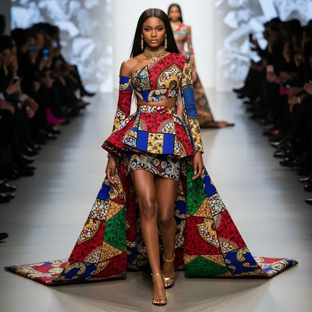 Fashion model walking the runway wearing a vibrant, high-fashion outfit made from colorful African Ankara fabric, with an audience seated on both sides of the catwalk.
