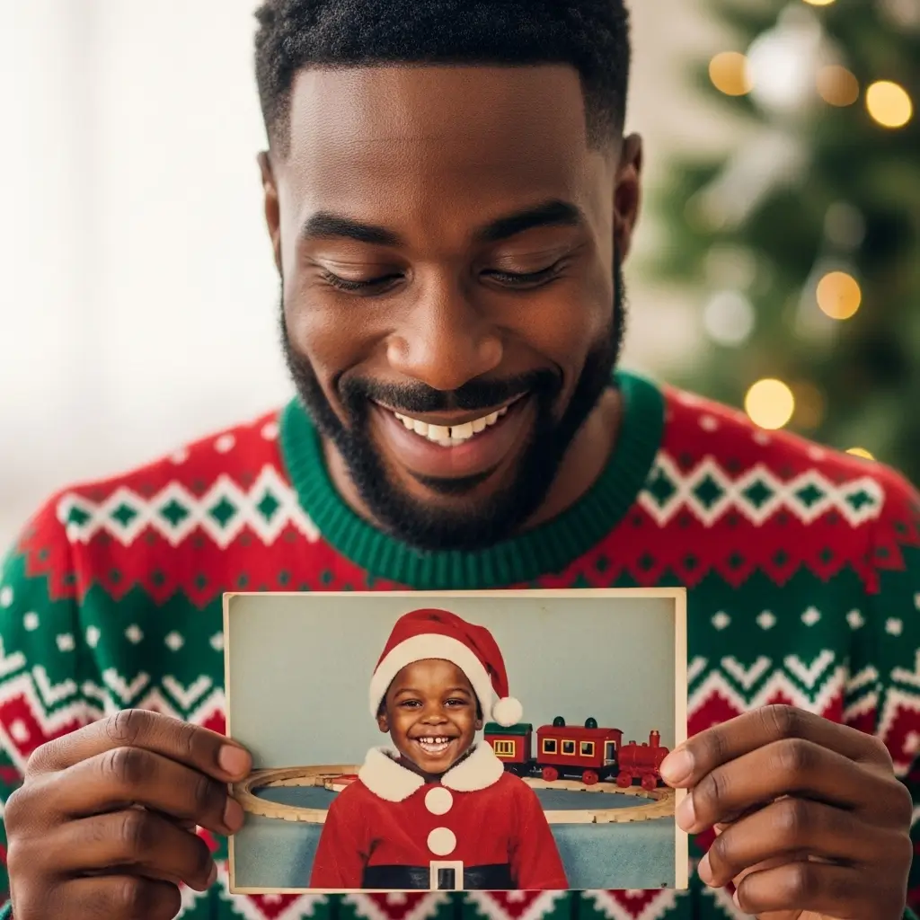 Smiling man in a festive Christmas sweater holding a childhood photo of himself as a young boy wearing a Santa outfit, with warm holiday lights in the background.