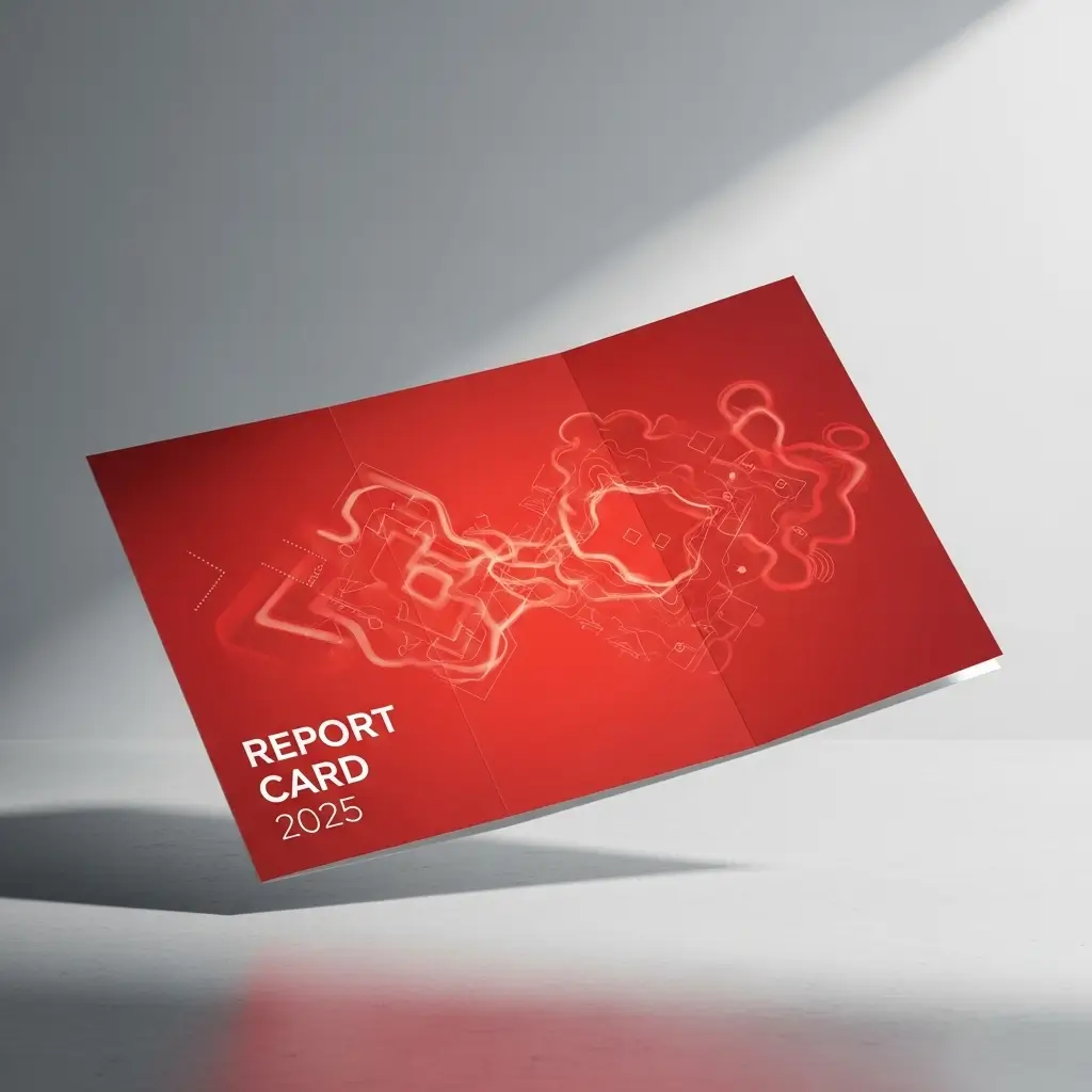 A red report card booklet labeled “Report Card 2025” displayed at an angle on a clean, minimalist surface with soft studio lighting.