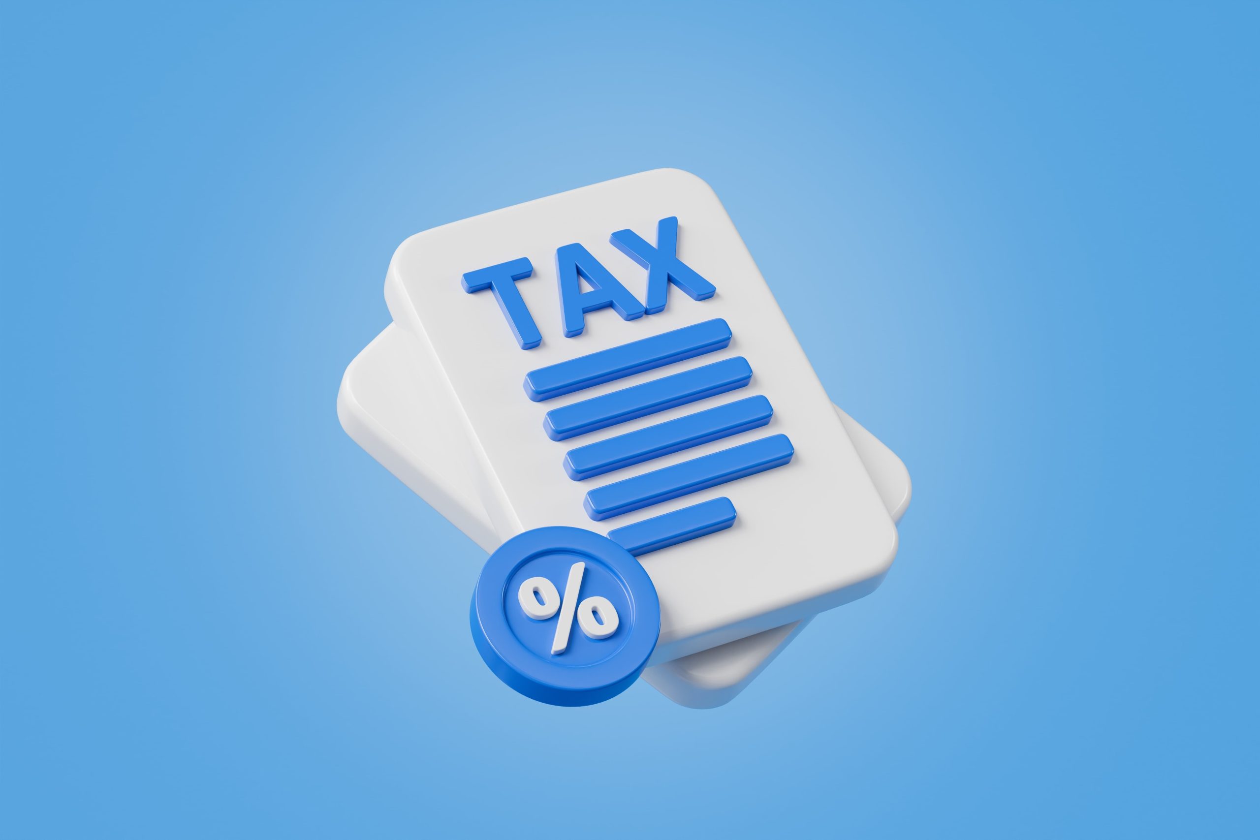 Illustration of stacked tax documents with the word “TAX” and a percentage symbol on a blue background, representing taxation and financial obligations.