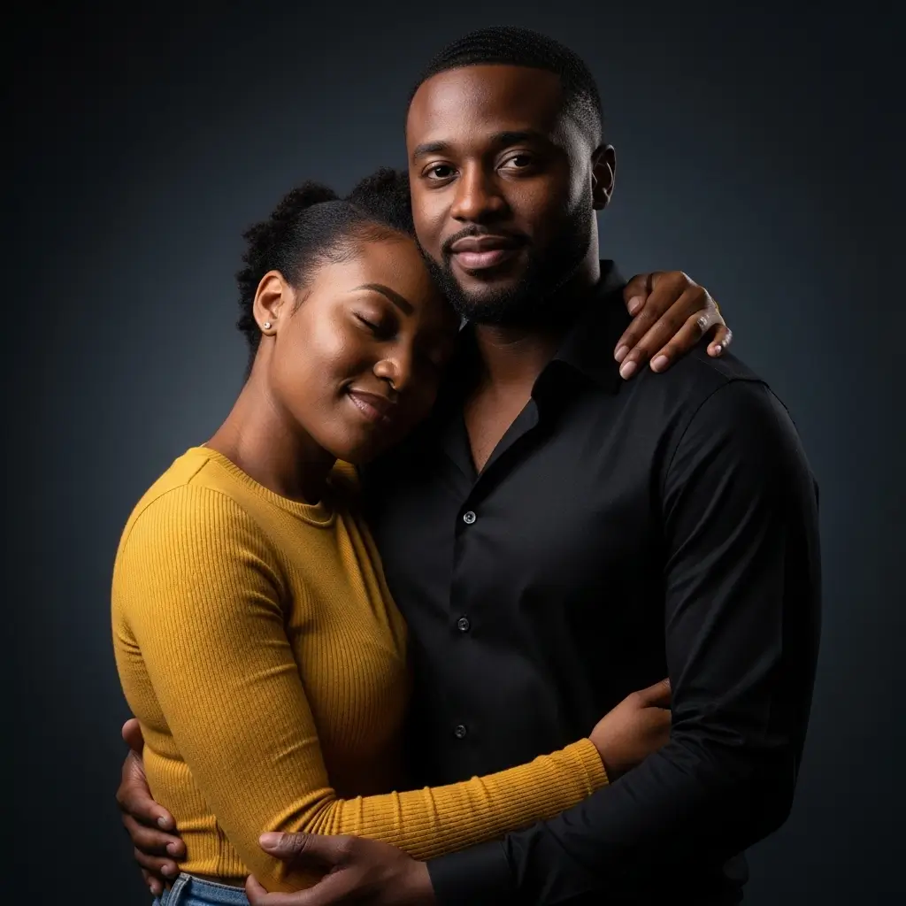 A couple embracing closely, with the woman resting her head on the man’s chest, conveying warmth, comfort, and emotional connection against a dark background.