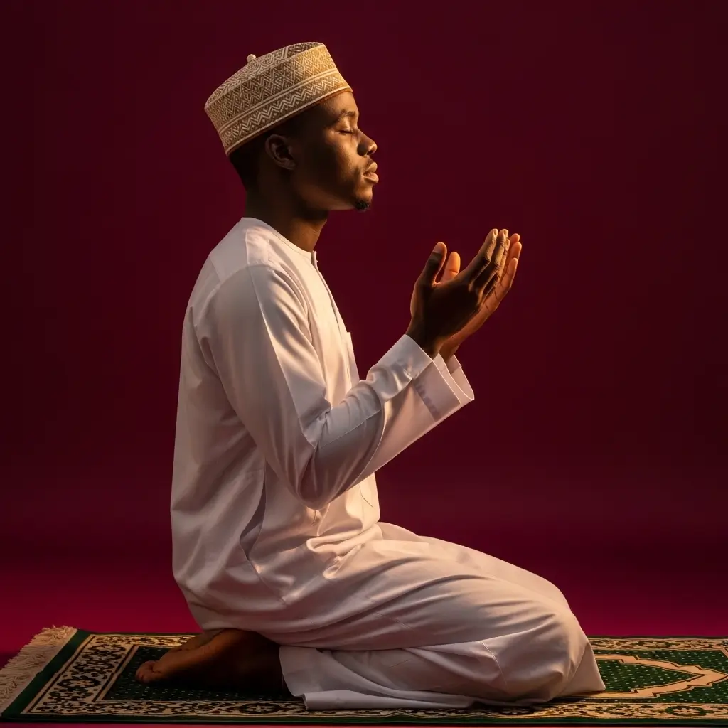 A man kneeling on a prayer mat with hands raised in supplication, wearing traditional attire and praying peacefully against a deep red background.