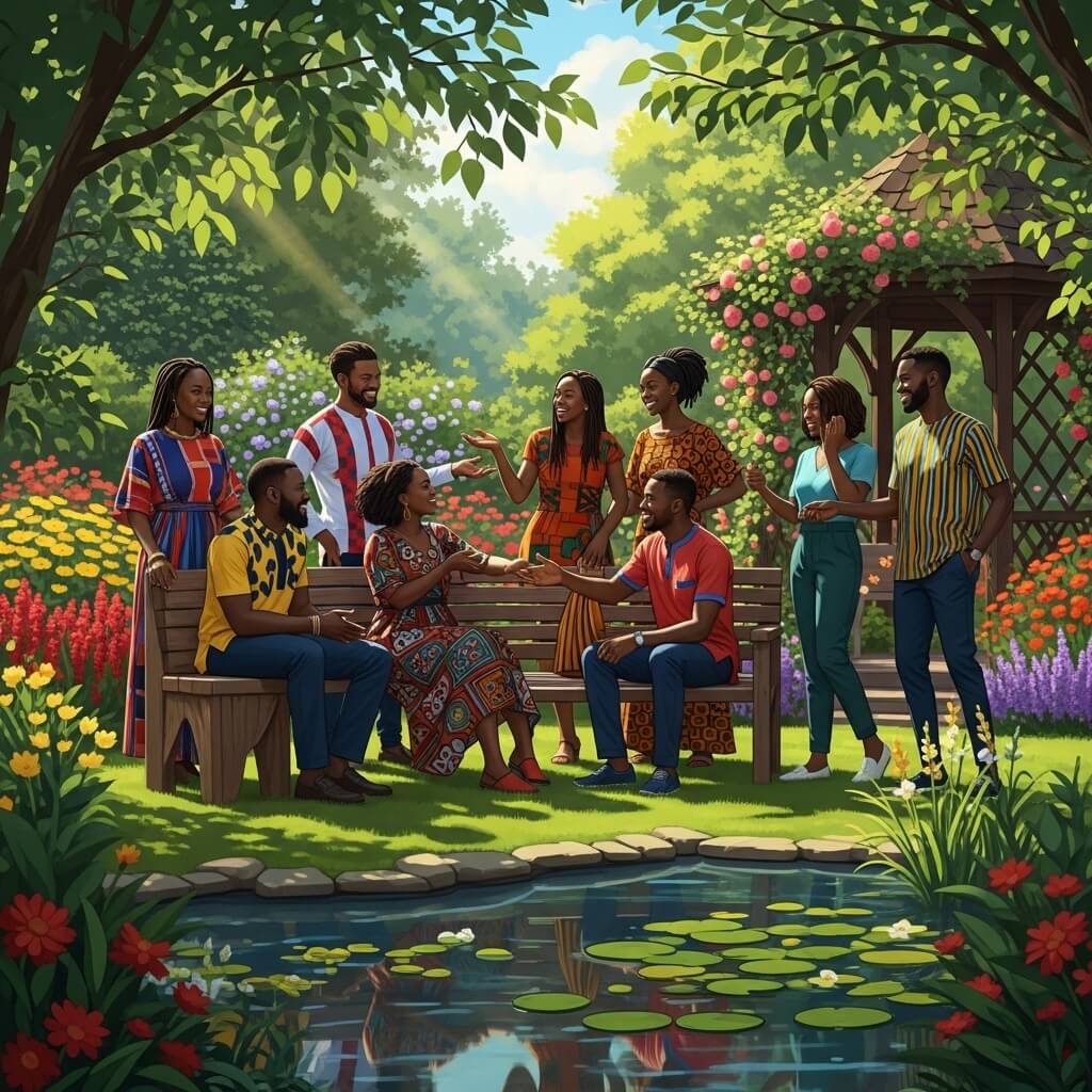 A group of friends socializing and laughing together in a colorful garden park beside a small pond and gazebo.