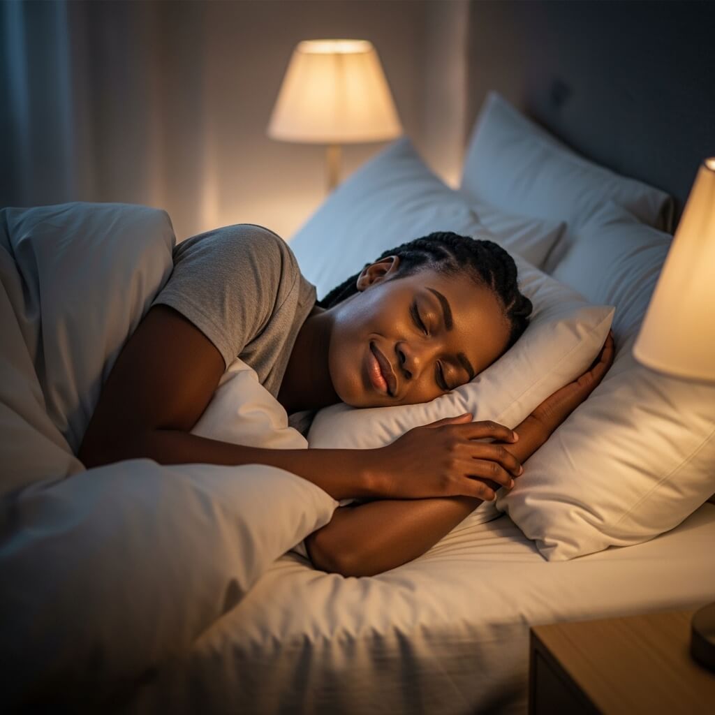 A woman sleeping peacefully in bed at night with soft bedside lamp lighting creating a calm bedroom atmosphere.
