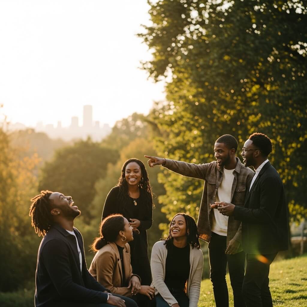 A group of five young Black adults laughing and enjoying each other's company outdoors in a sunlit park. Three sit on the grass while two stand, with one man pointing playfully at something in the distance. Golden hour sunlight filters through trees with a city skyline visible in the background.