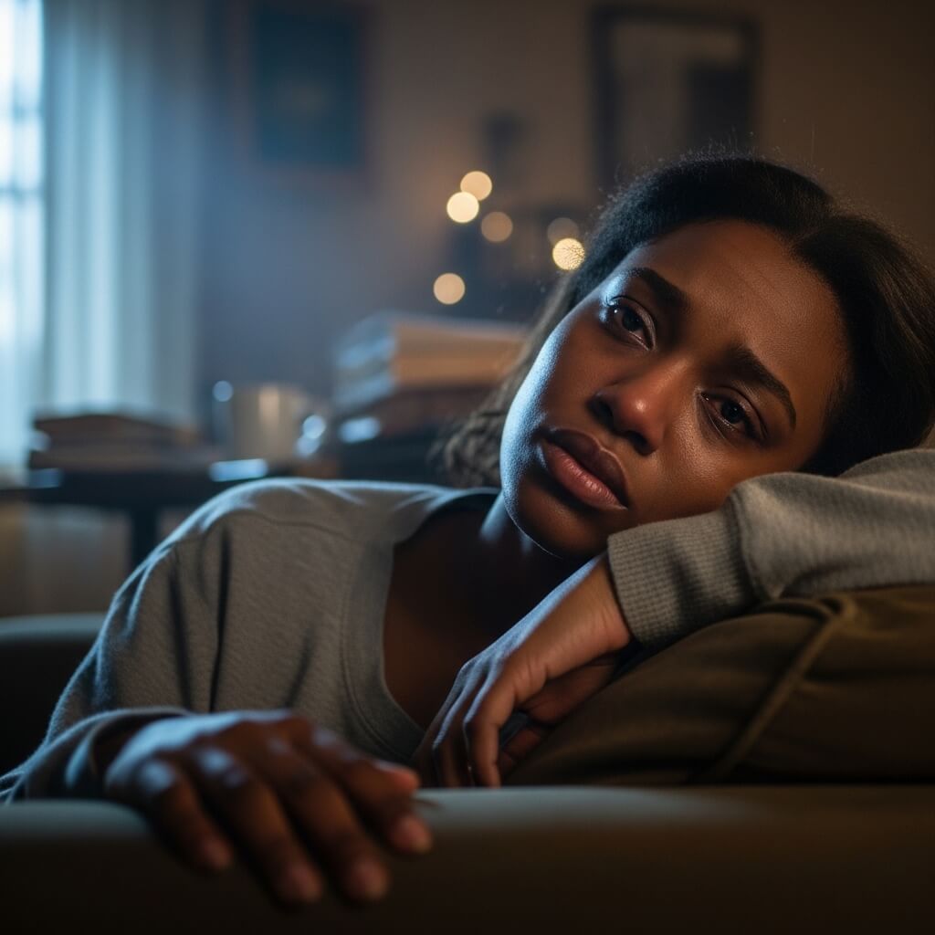 A tired-looking Black woman rests her head on a pillow, lying on a couch in a dimly lit room at night. She gazes off into the distance with a weary, contemplative expression. Soft bokeh lights glow in the background near a window with sheer curtains, suggesting exhaustion or insomnia.