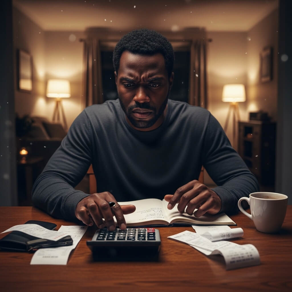 A stressed Black man sits at a wooden table late at night, surrounded by receipts, a wallet, and an open notebook while using a calculator. He wears a dark long-sleeve shirt and looks concerned as he works through his finances. A coffee mug sits nearby in a dimly lit living room with warm lamp light in the background.