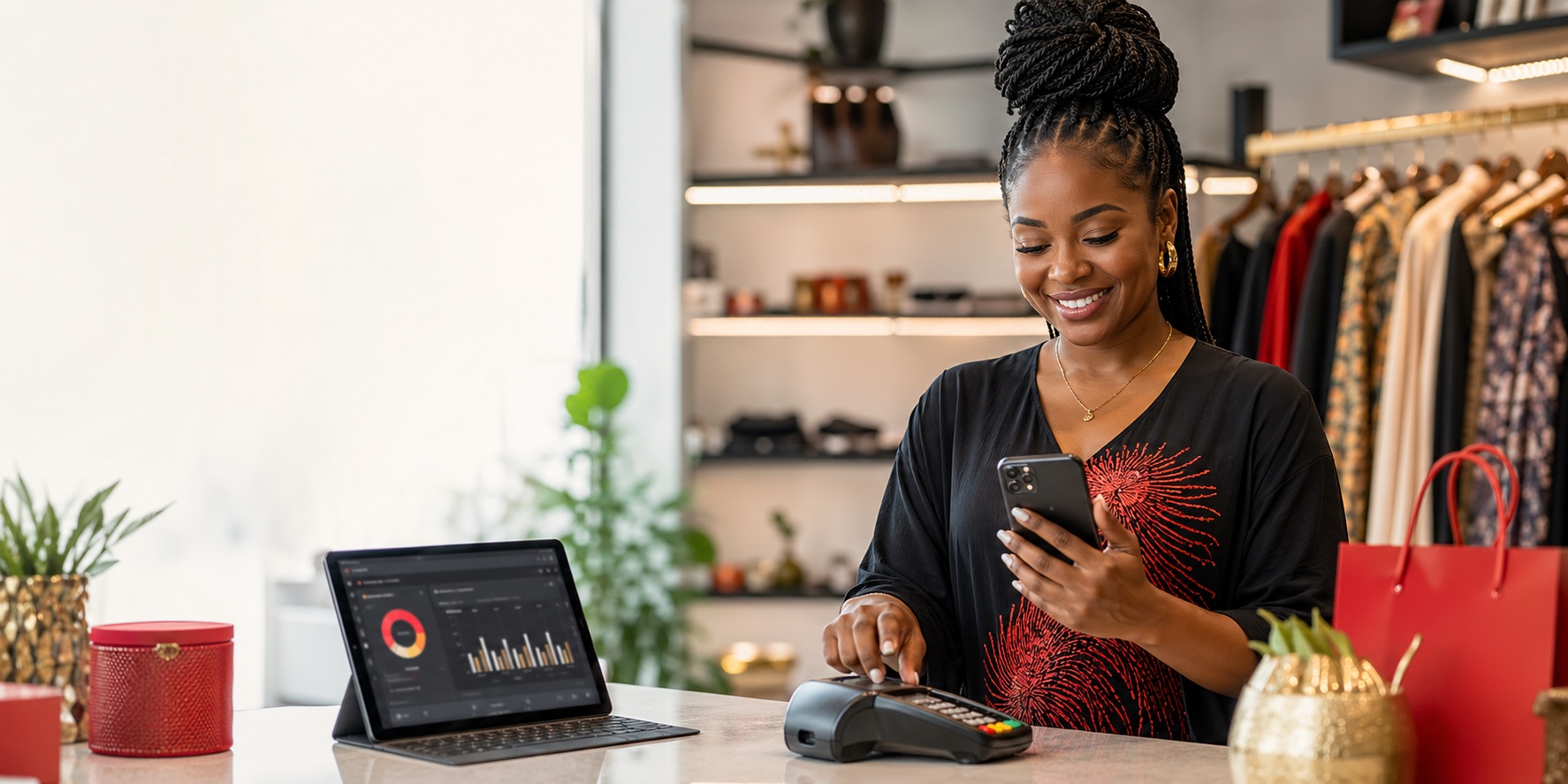 Business owner using digital payment tools at a shop counter