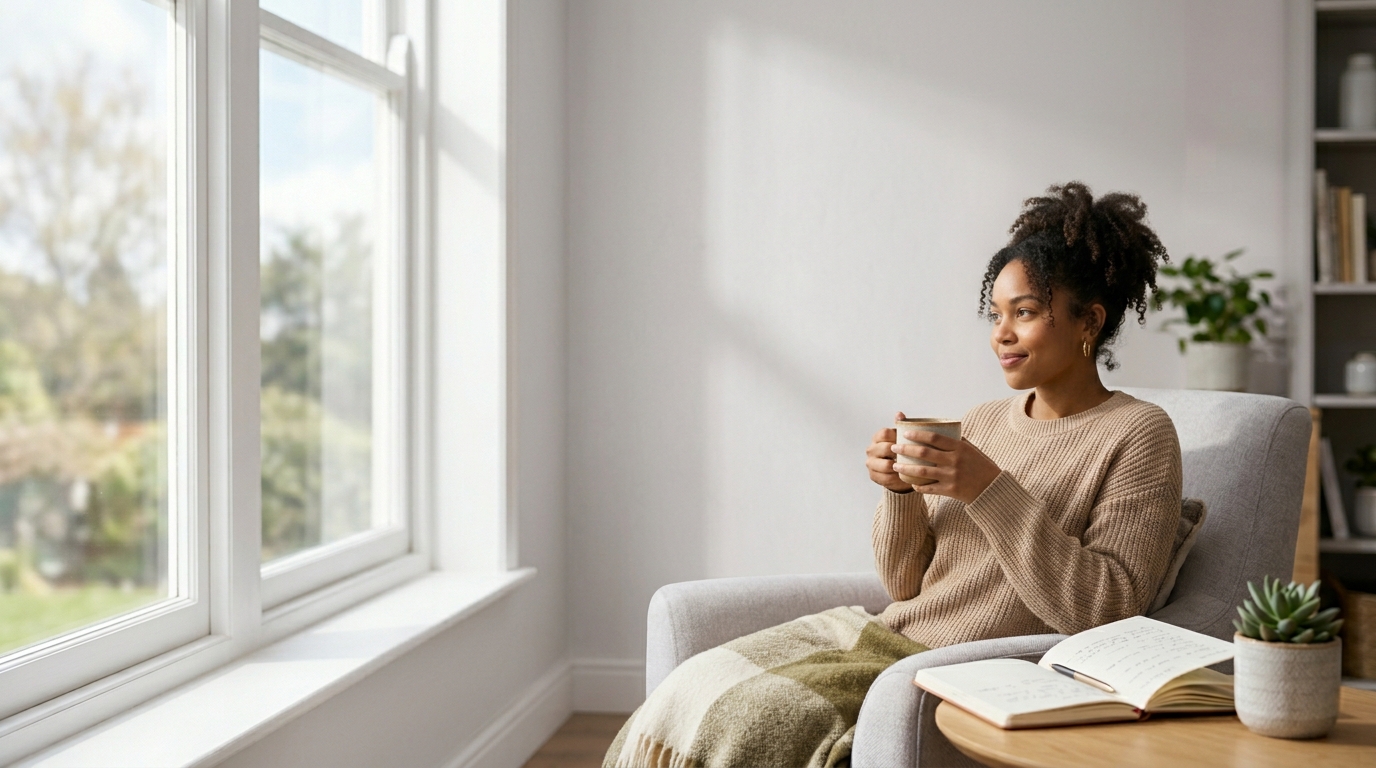 Calm woman sitting by a window with a cup of tea and an open journal, creating a peaceful mood of rest, reflection, and mental wellness.