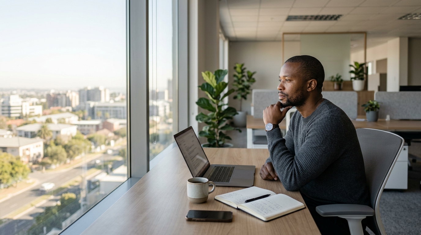 African professional sitting at a desk in a modern office, looking thoughtfully out a large window beside an open laptop, notebook, coffee mug, and phone.