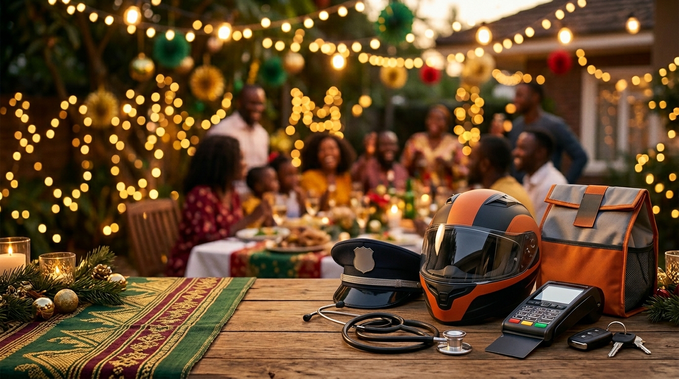 Essential worker items including a delivery helmet, security cap, stethoscope, POS terminal, and food bag placed in front of a festive Nigerian gathering, highlighting workers who serve during celebrations.