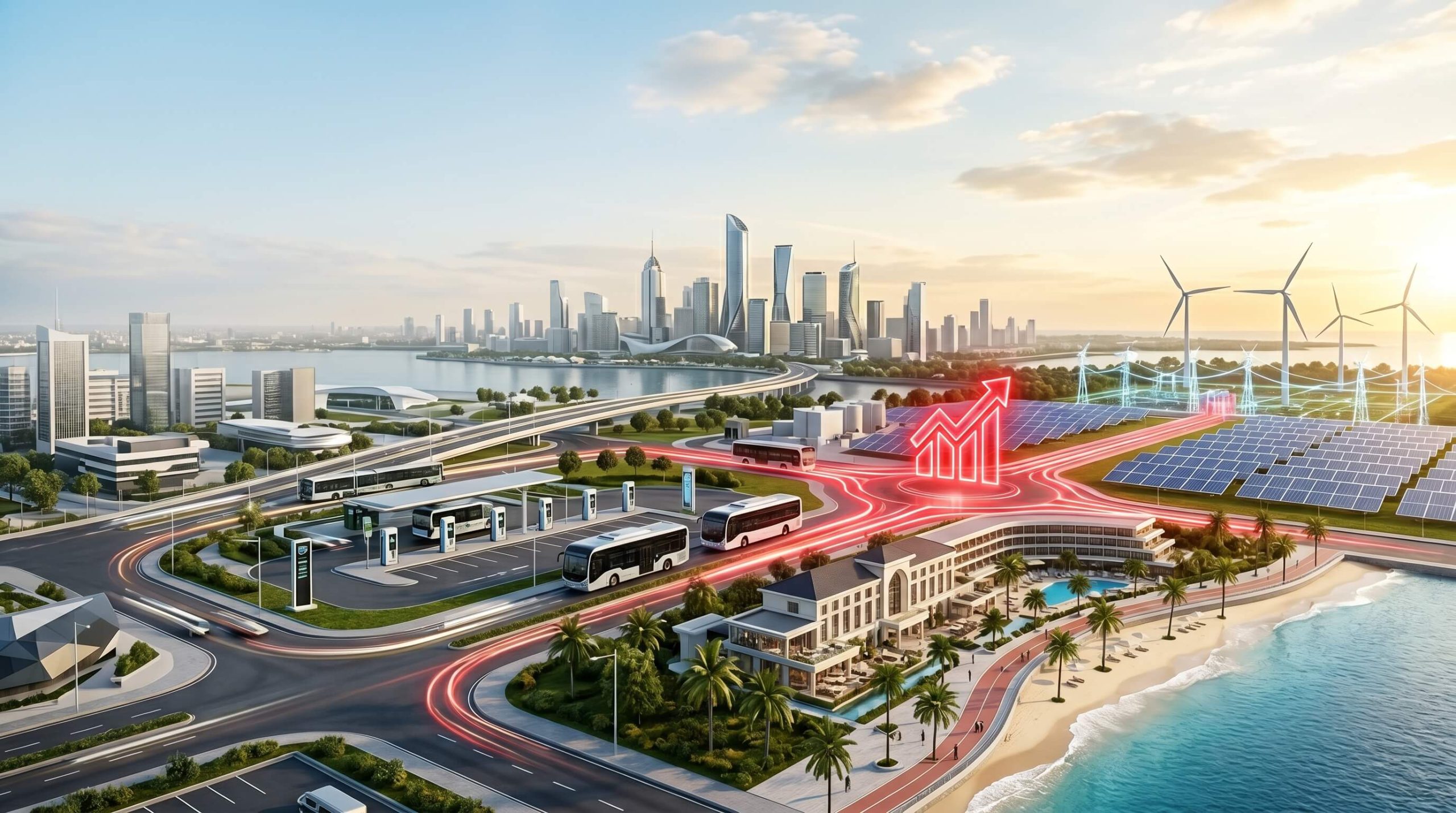 Future city with renewable energy, mobility, tourism, and growth infrastructure
