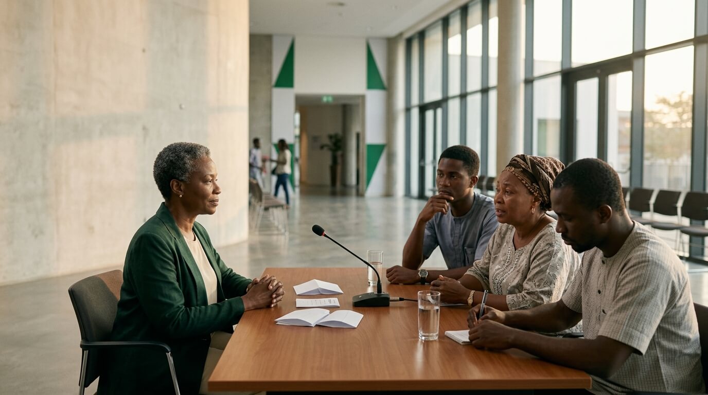 Nigerians seated in a civic hall having a thoughtful conversation about democracy and national progress