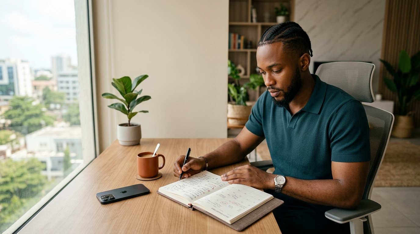 Young man reviewing his planner by a window while reflecting on goals and plans for the year