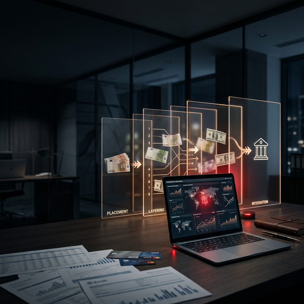 Laptop showing financial crime alerts with layered money laundering stages and transaction documents on a dark office desk